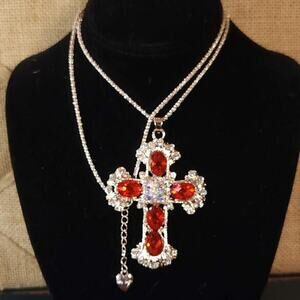 Red and Gold Decorative Cross Enamel and Rhinestone Necklace